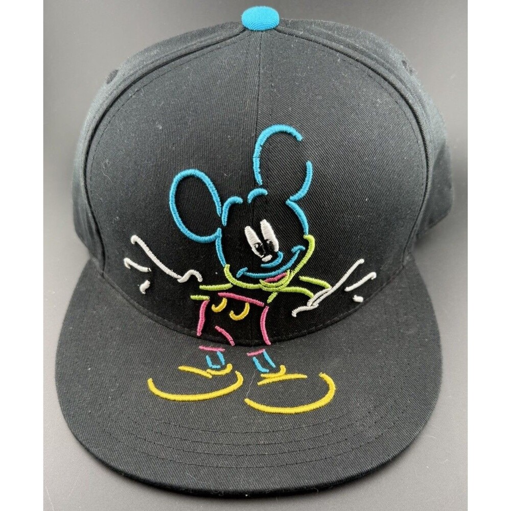 Disney Mickey Mouse Neon Embroidered Snapback Hat Black Blue Bill Adjustable